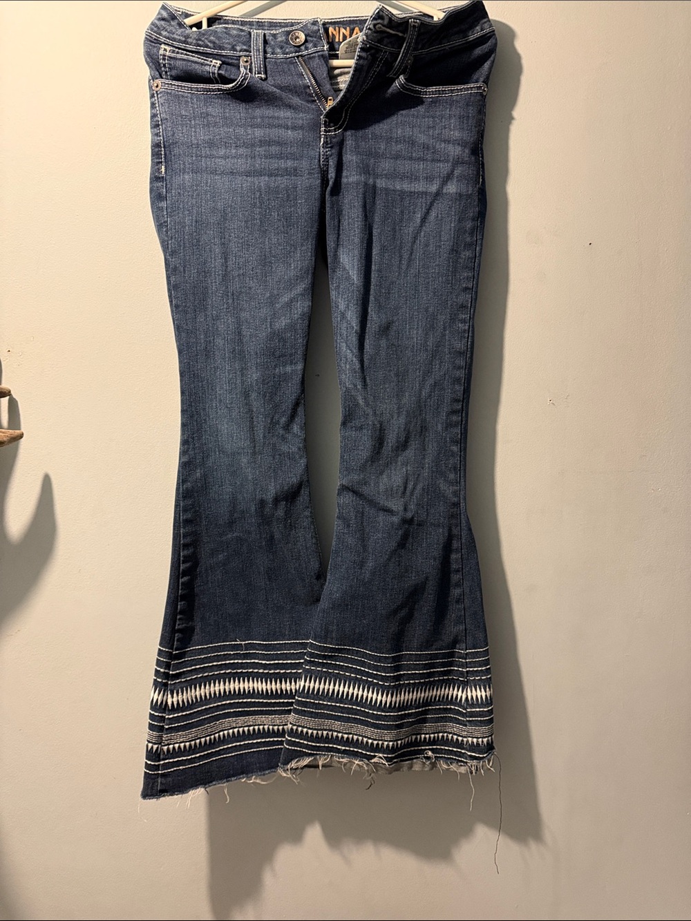 Embroidered Hem Dark Blue Flare Jeans
